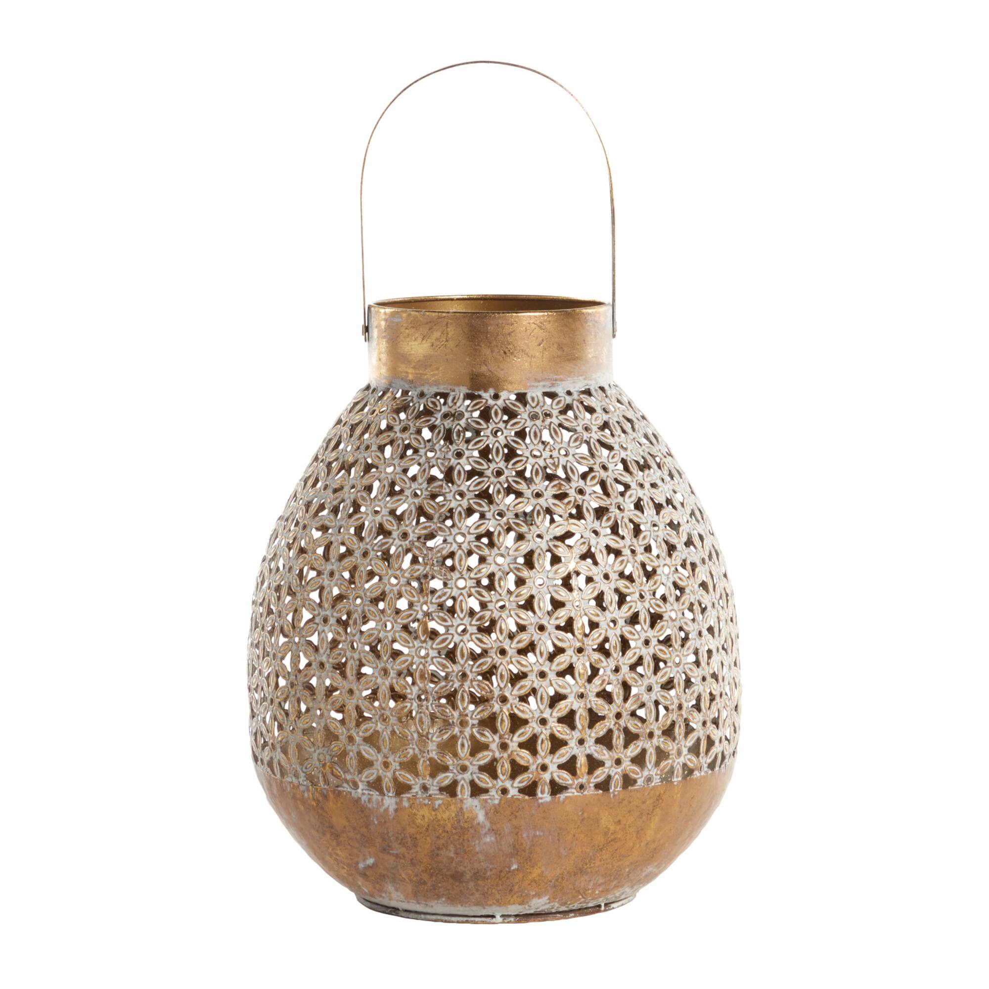 Gold Iron Eclectic Candle Holder Lantern, 16" x 13" x 14"